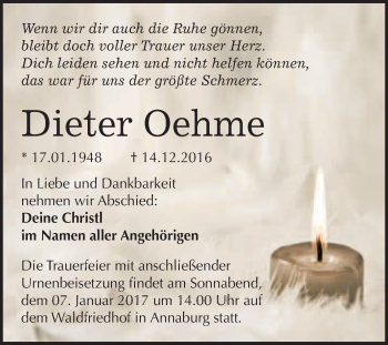 Traueranzeige von Dieter Oehme von WVG - Wochenspiegel Wittenberg