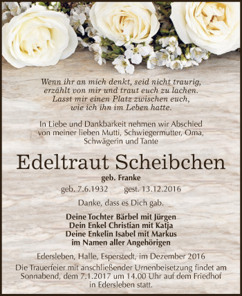 Traueranzeige von Edeltraut Scheibchen von Super Sonntag SGH Mansf. Land