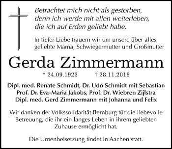 Traueranzeige von Gerda Zimmermann von Mitteldeutsche Zeitung Bernburg