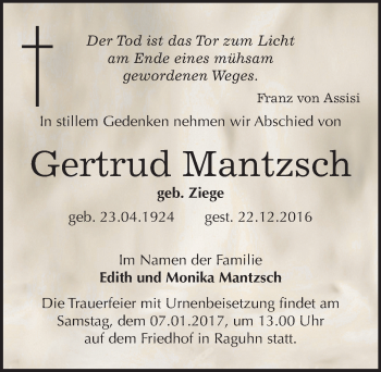 Traueranzeige von Gertrud Mantzsch von Mitteldeutsche Zeitung Bitterfeld