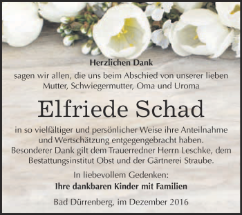 Traueranzeige von Elfriede Schad von Super Sonntag Merseburg