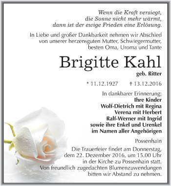 Traueranzeige von Brigitte Kahl von Mitteldeutsche Zeitung Naumburg/Nebra