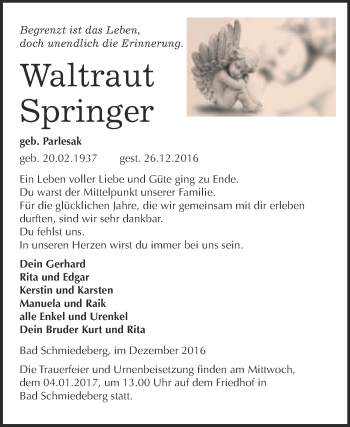 Traueranzeige von Waltraut Springer von WVG - Wochenspiegel Wittenberg