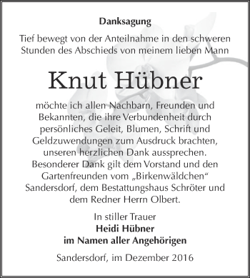 Traueranzeige von Knut Hübner von WVG - Wochenspiegel Bitterfeld