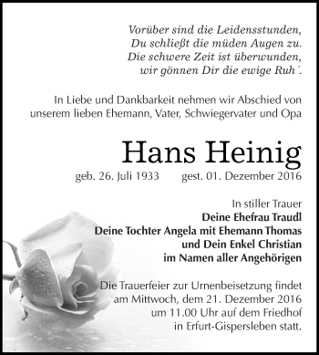 Traueranzeige von Hans Heinig von Super Sonntag Zeitz