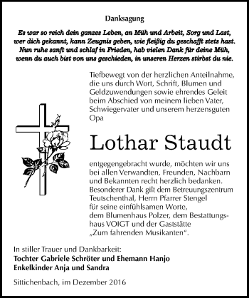 Traueranzeige von Lothar Staudt von Mitteldeutsche Zeitung Mansfelder Land