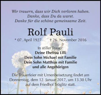 Traueranzeige von Rolf Pauli von Super Sonntag Zeitz