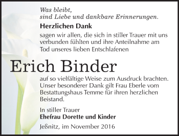 Traueranzeige von Erich Binder von Mitteldeutsche Zeitung Bitterfeld