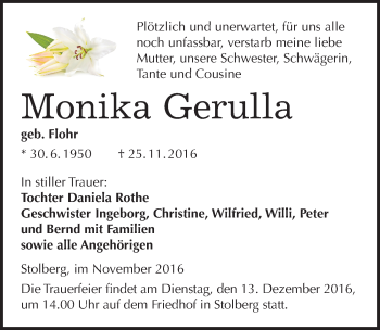 Traueranzeige von Monika Gerulla von Mitteldeutsche Zeitung Sangerhausen
