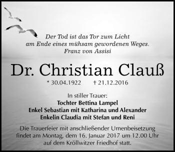 Traueranzeige von Christian Clauß von Mitteldeutsche Zeitung Halle/Saalkreis