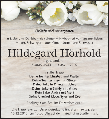 Traueranzeige von Hildegard Hörhold von Mitteldeutsche Zeitung Mansfelder Land