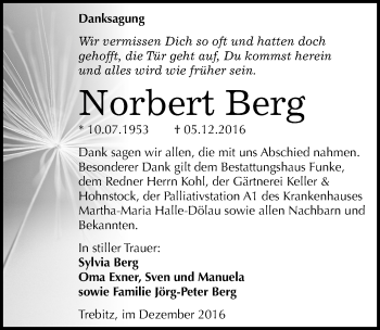 Traueranzeige von Norbert Berg von Mitteldeutsche Zeitung Halle/Saalkreis
