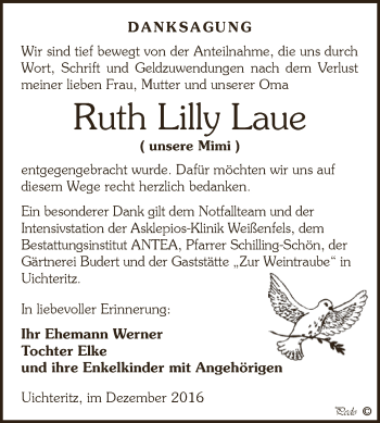 Traueranzeige von Ruth Lilly Laue von WVG - Wochenspiegel NMB / WSF / ZTZ