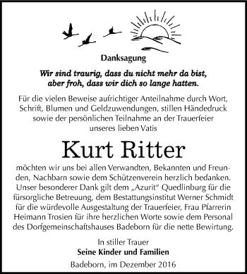 Traueranzeige von Kurt Ritter von WVG - Wochenspiegel Quedlinburg