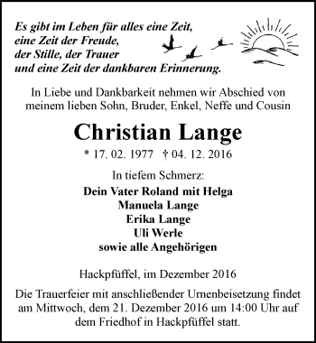 Traueranzeige von Christian Lange von Mitteldeutsche Zeitung Sangerhausen