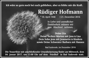 Traueranzeige von Rüdiger Hofmann von WVG - Wochenspiegel Quedlinburg