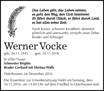Traueranzeige von Werner Vocke von Mitteldeutsche Zeitung Mansfelder Land