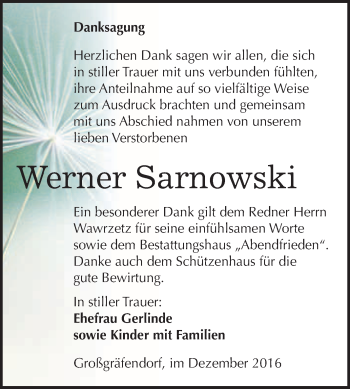 Traueranzeige von Werner Sarnowski von WVG - Wochenspiegel Merseburg