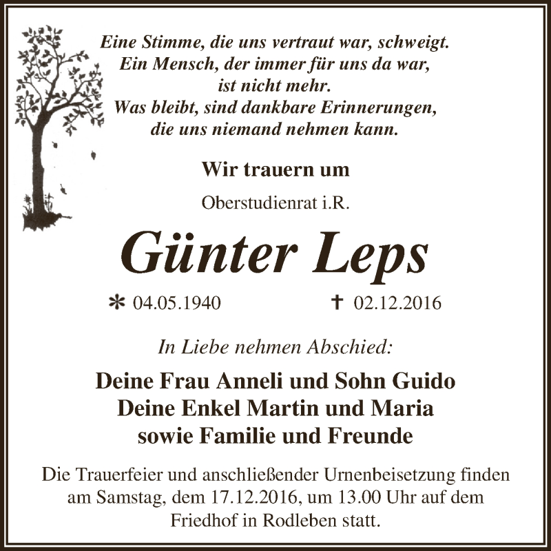  Traueranzeige für Günter Leps vom 10.12.2016 aus WVG - Wochenspiegel Dessau / Köthen