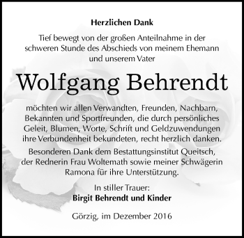 Traueranzeige von Wolfgang Behrendt von Mitteldeutsche Zeitung Köthen