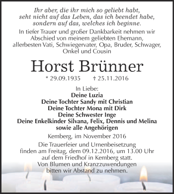 Traueranzeige von Horst Brünner von WVG - Wochenspiegel Wittenberg