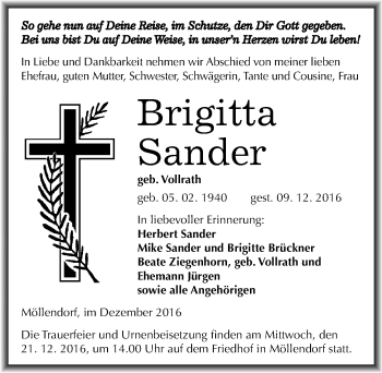 Traueranzeige von Brigitta Sander von Mitteldeutsche Zeitung Mansfelder Land
