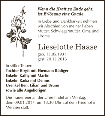 Traueranzeige von Lieselotte Haase von WVG - Wochenspiegel Dessau / Köthen