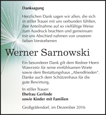 Traueranzeige von Werner Sarnowski von Mitteldeutsche Zeitung Merseburg/Querfurt
