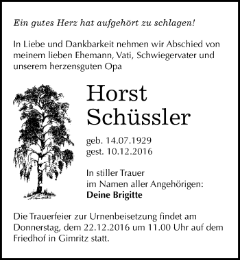 Traueranzeige von Horst Schüssler von Mitteldeutsche Zeitung Halle/Saalkreis