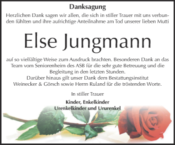 Traueranzeige von Else Jungmann von Super Sonntag Bernburg