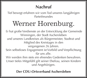 Traueranzeige von Werner Horenburg von Super Sonntag Aschersleben