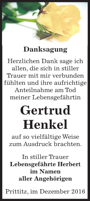 Traueranzeige von Gertrud Henkel von Mitteldeutsche Zeitung Weißenfels