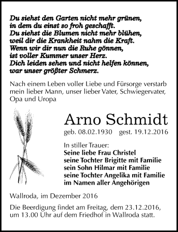 Traueranzeige von Arno Schmidt von Mitteldeutsche Zeitung Naumburg/Nebra