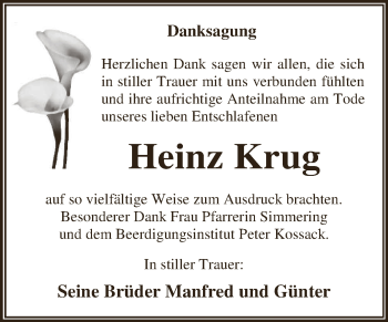 Traueranzeige von Heinz Krug von WVG - Wochenspiegel Dessau / Köthen