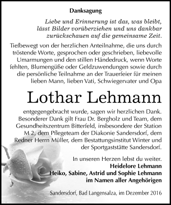 Traueranzeige von Lothar Lehmann von Mitteldeutsche Zeitung Bitterfeld