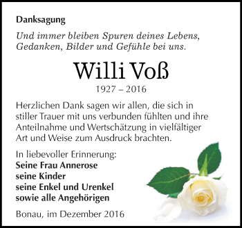 Traueranzeige von Willi Voß von WVG - Wochenspiegel NMB / WSF / ZTZ