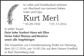 Traueranzeige von Kurt Merl von Super Sonntag Merseburg