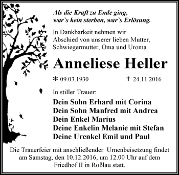 Traueranzeige von Anneliese Heller von Mitteldeutsche Zeitung Dessau-Roßlau