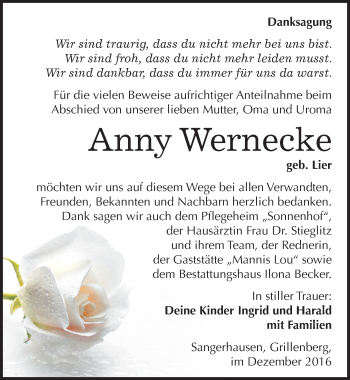 Traueranzeige von Anny Wernecke von Mitteldeutsche Zeitung Sangerhausen