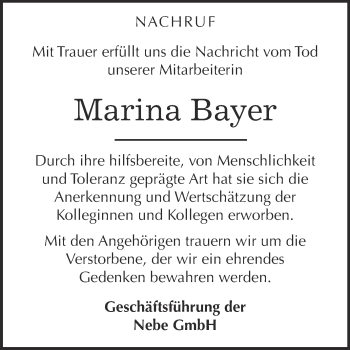 Traueranzeige von Marina Bayer von WVG - Wochenspiegel Quedlinburg