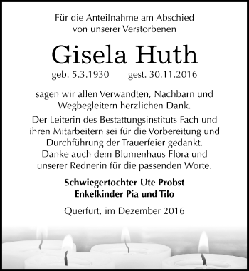 Traueranzeige von Gisela Huth von Mitteldeutsche Zeitung Merseburg/Querfurt