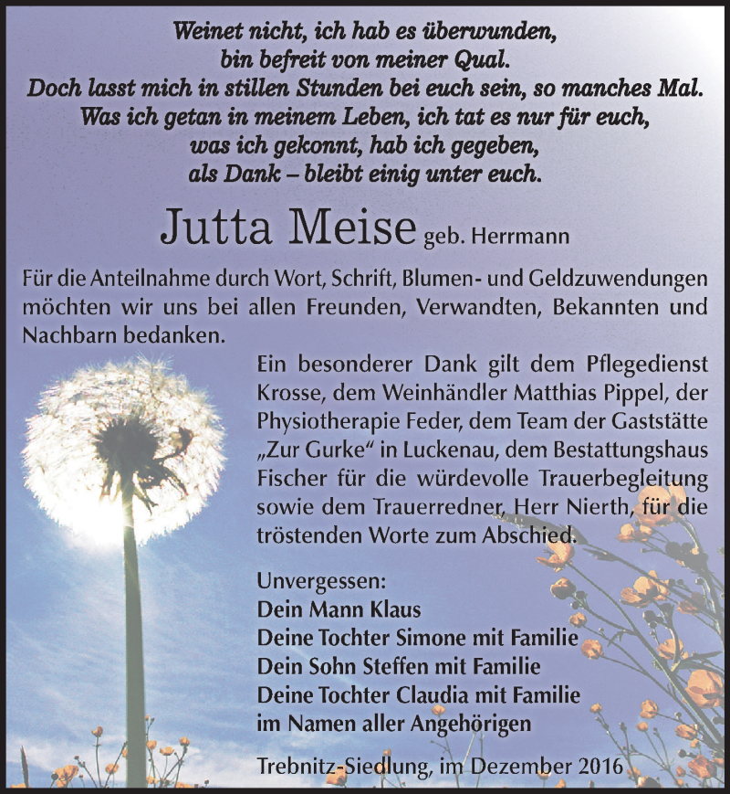  Traueranzeige für Jutta Meise vom 24.12.2016 aus Mitteldeutsche Zeitung Weißenfels