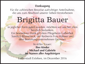 Traueranzeige von Brigitta Bauer von Mitteldeutsche Zeitung Mansfelder Land