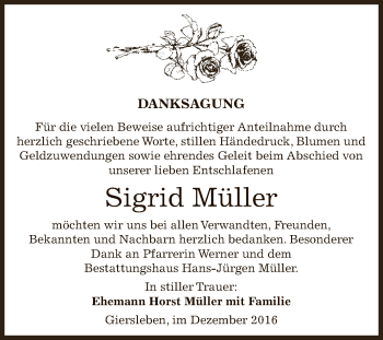 Traueranzeige von Sigrid Müller von Super Sonntag Aschersleben