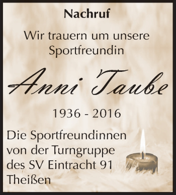 Traueranzeige von Anni Taube von Mitteldeutsche Zeitung Zeitz