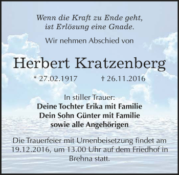 Traueranzeige von Herbert Kratzenberg von Mitteldeutsche Zeitung Bitterfeld