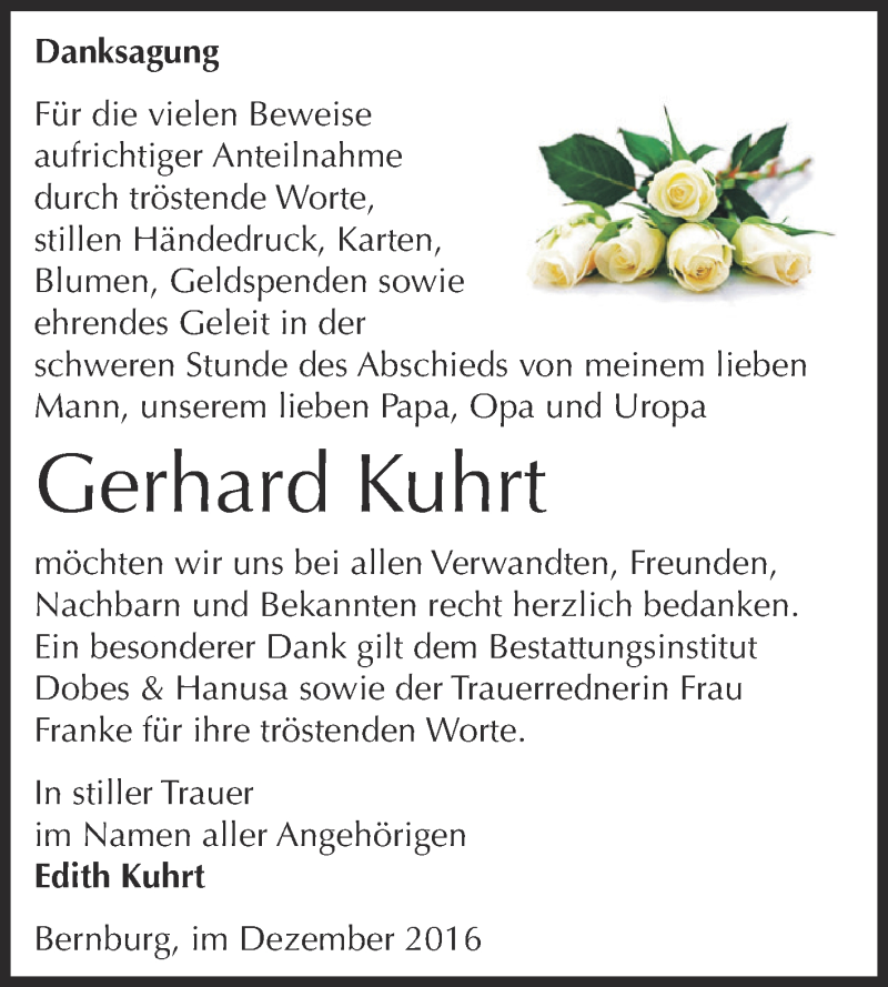  Traueranzeige für Gerhard Kuhrt vom 17.12.2016 aus Super Sonntag Bernburg