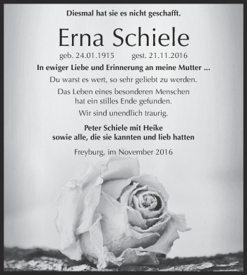 Traueranzeige von Erna Schiele von WVG - Wochenspiegel NMB / WSF / ZTZ