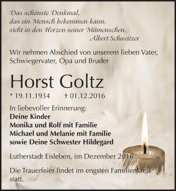 Traueranzeige von Horst Goltz von Mitteldeutsche Zeitung Mansfelder Land