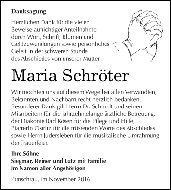 Traueranzeige von Maria Schröter von WVG - Wochenspiegel NMB / WSF / ZTZ